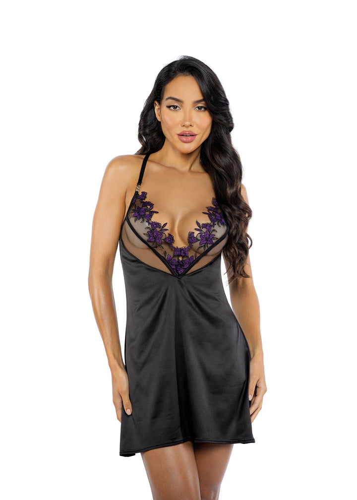 Roma Confidential Dark Romance Embroidered Lily Lace Satin Chemise Black