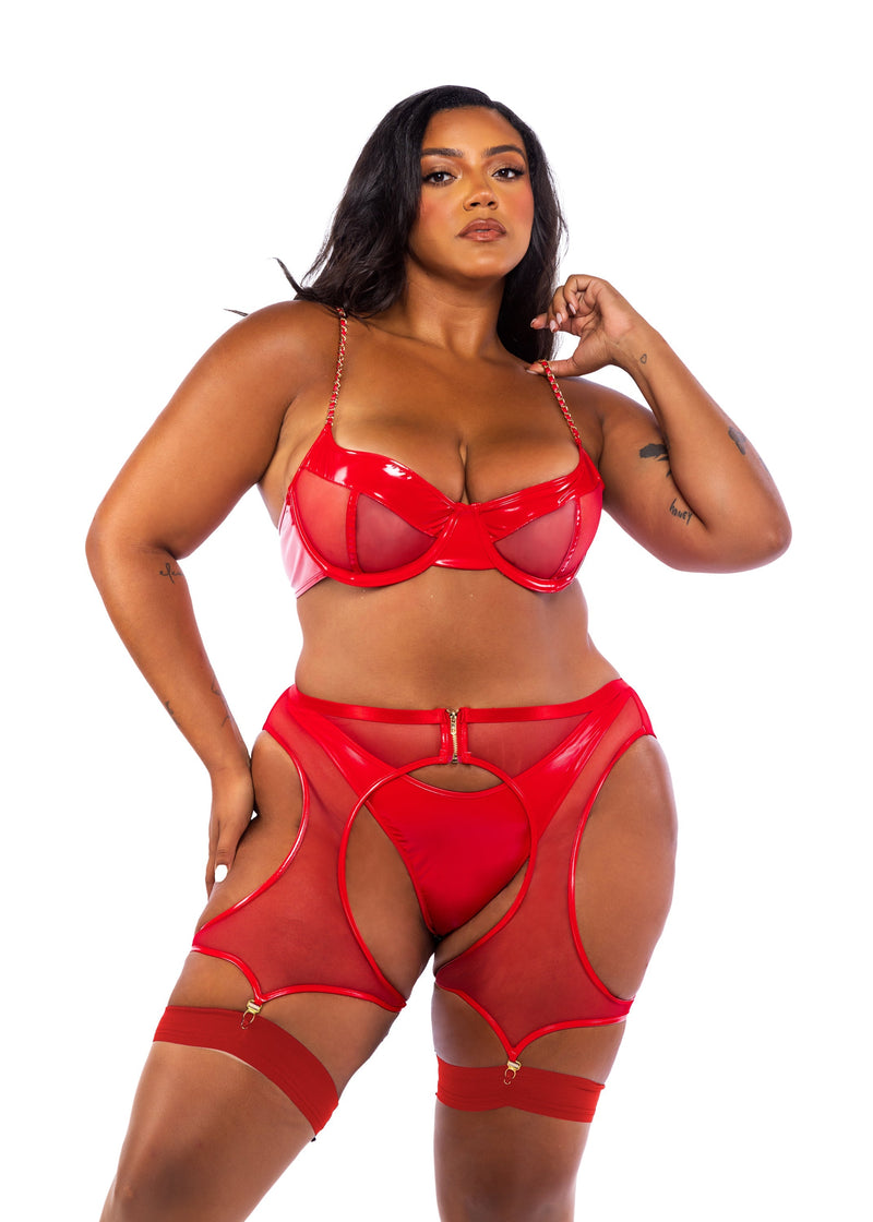 Roma Confidential Queen Midnight Minx Wet Look Chaps Balconette Bra Set Red-Rebel Romance