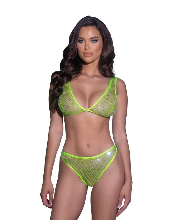 Roma Confidential Think Sparkle Rhinestone Bralette Thong Bra Set Neon Green