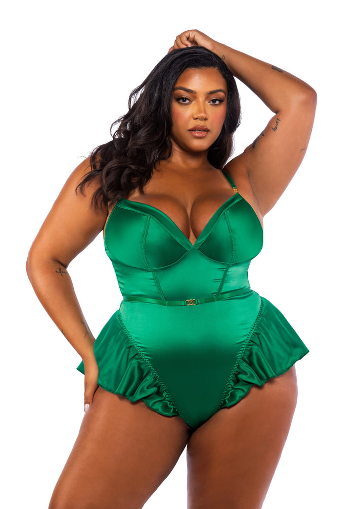 Roma Confidential Queen Cleopatra Stretch Satin Sweetheart Peplum Romper Green