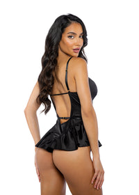 Roma Confidential Queen Cleopatra Stretch Satin Sweetheart Peplum Romper Black-Rebel Romance