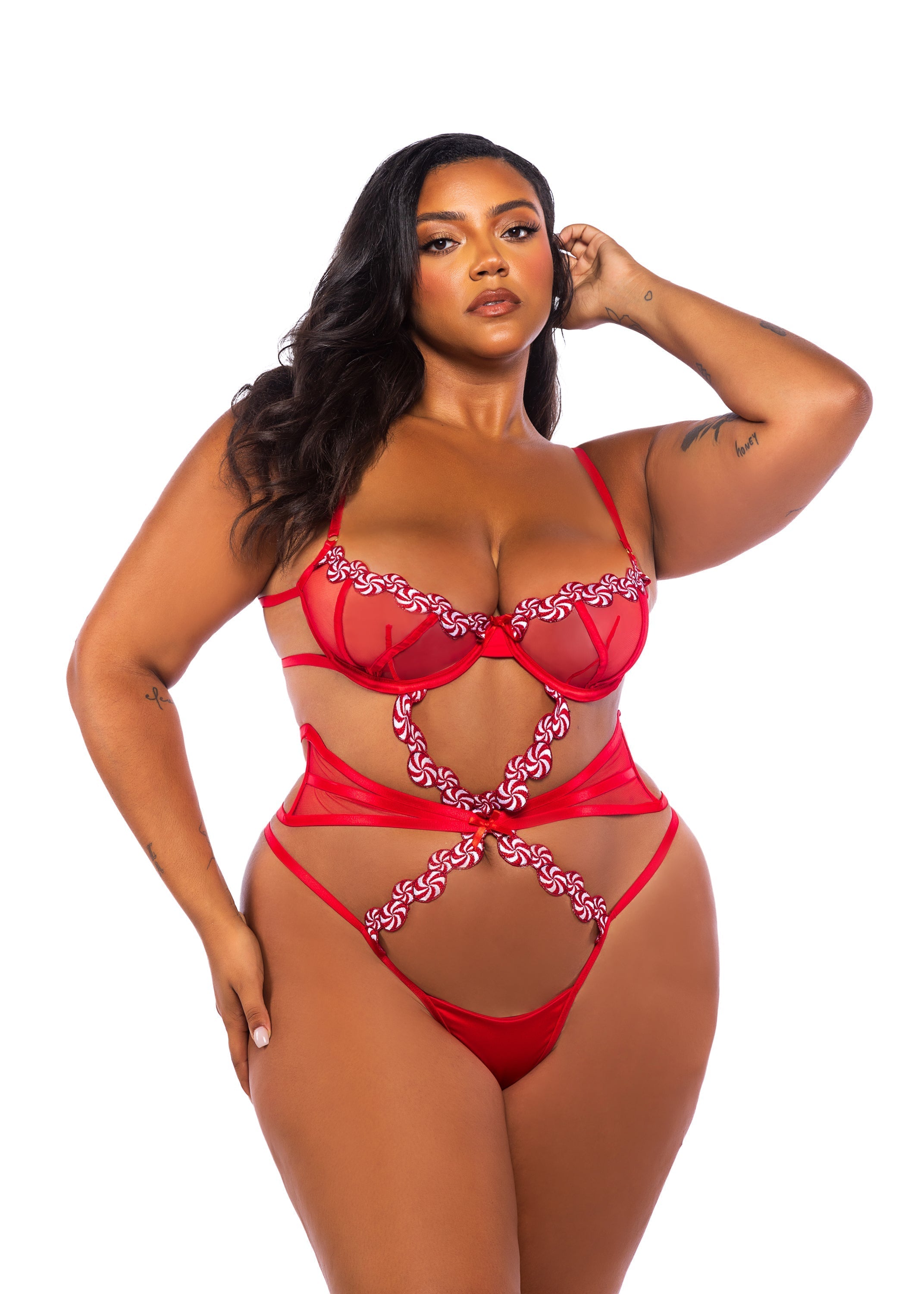 Roma Confidential Queen Peppermint Kiss Embroidered Candy Mesh Satin Teddy Red-Rebel Romance