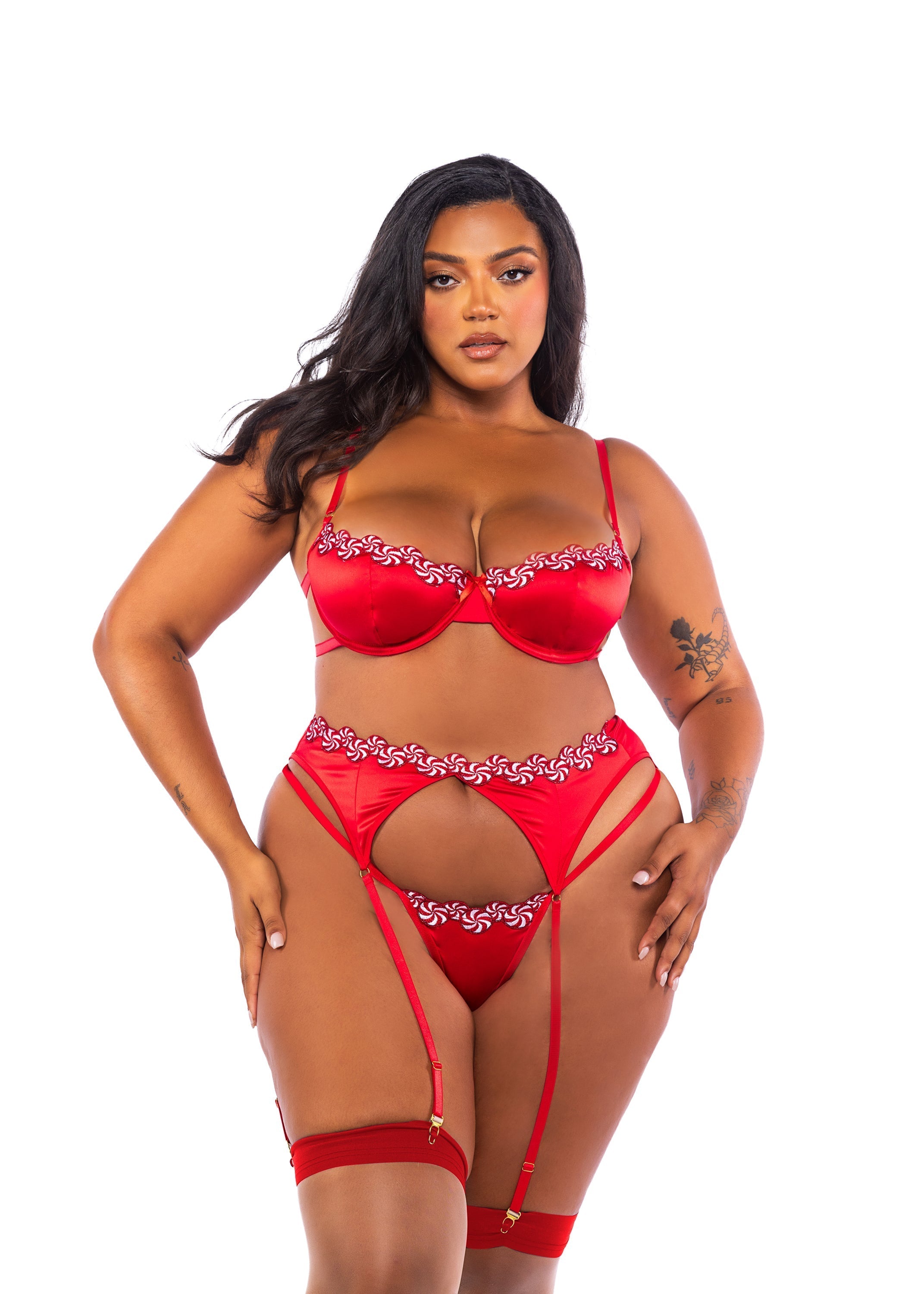 Roma Confidential Queen Peppermint Kiss Embroidery Satin Garter Bra Set Red-Rebel Romance