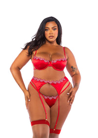 Roma Confidential Queen Peppermint Kiss Embroidery Satin Garter Bra Set Red-Rebel Romance