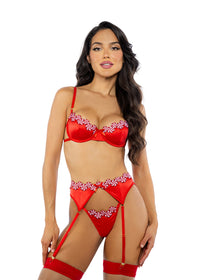 Roma Confidential Peppermint Kiss Embroidery Candy Satin Garter Bra Set Red-Rebel Romance