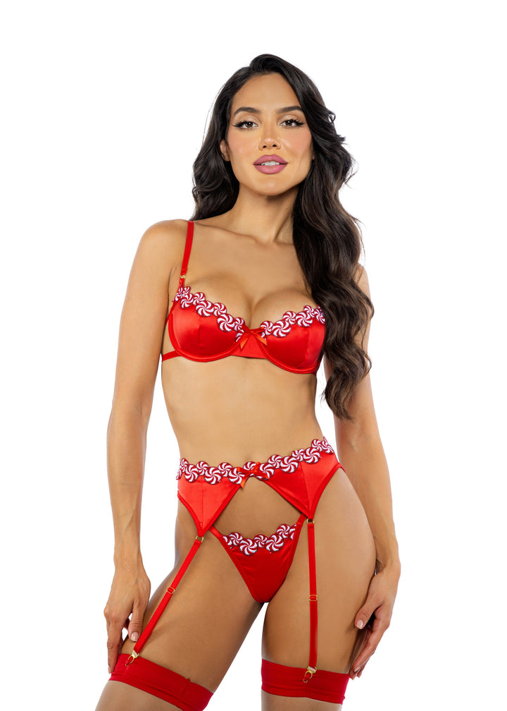 Roma Confidential Peppermint Kiss Embroidery Candy Satin Garter Bra Set Red