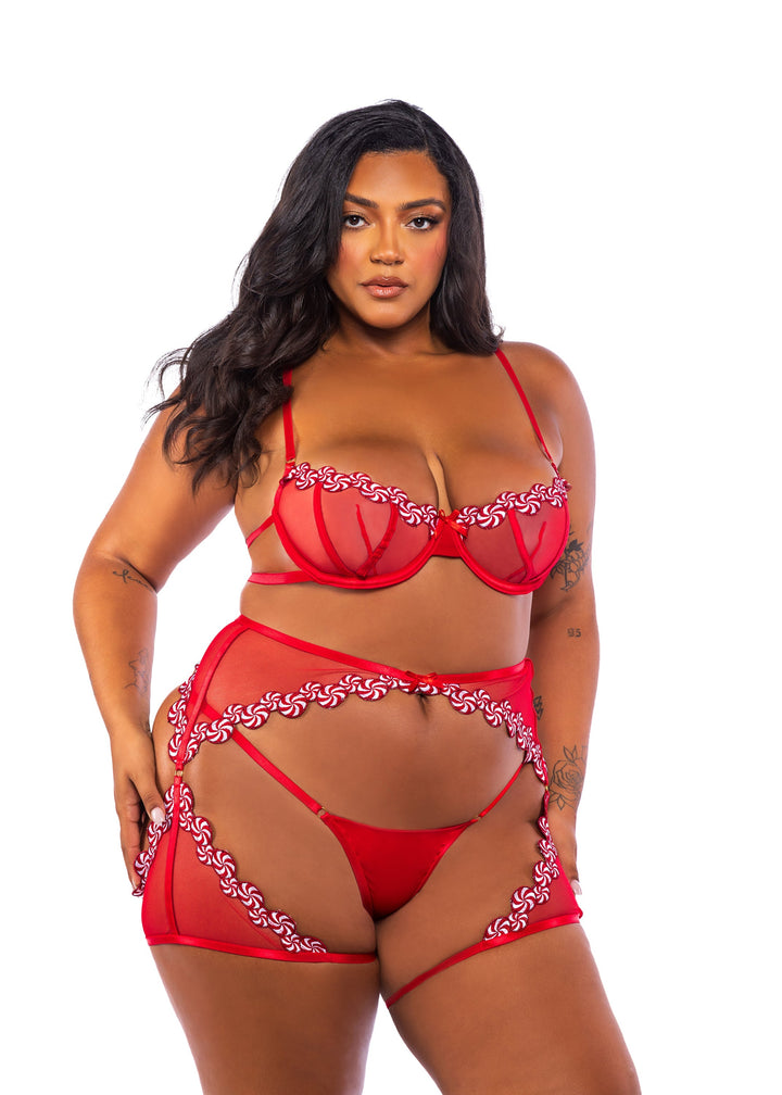 Roma Confidential Queen Peppermint Kiss Embroidery Candy Chaps Bra Set Red-Rebel Romance