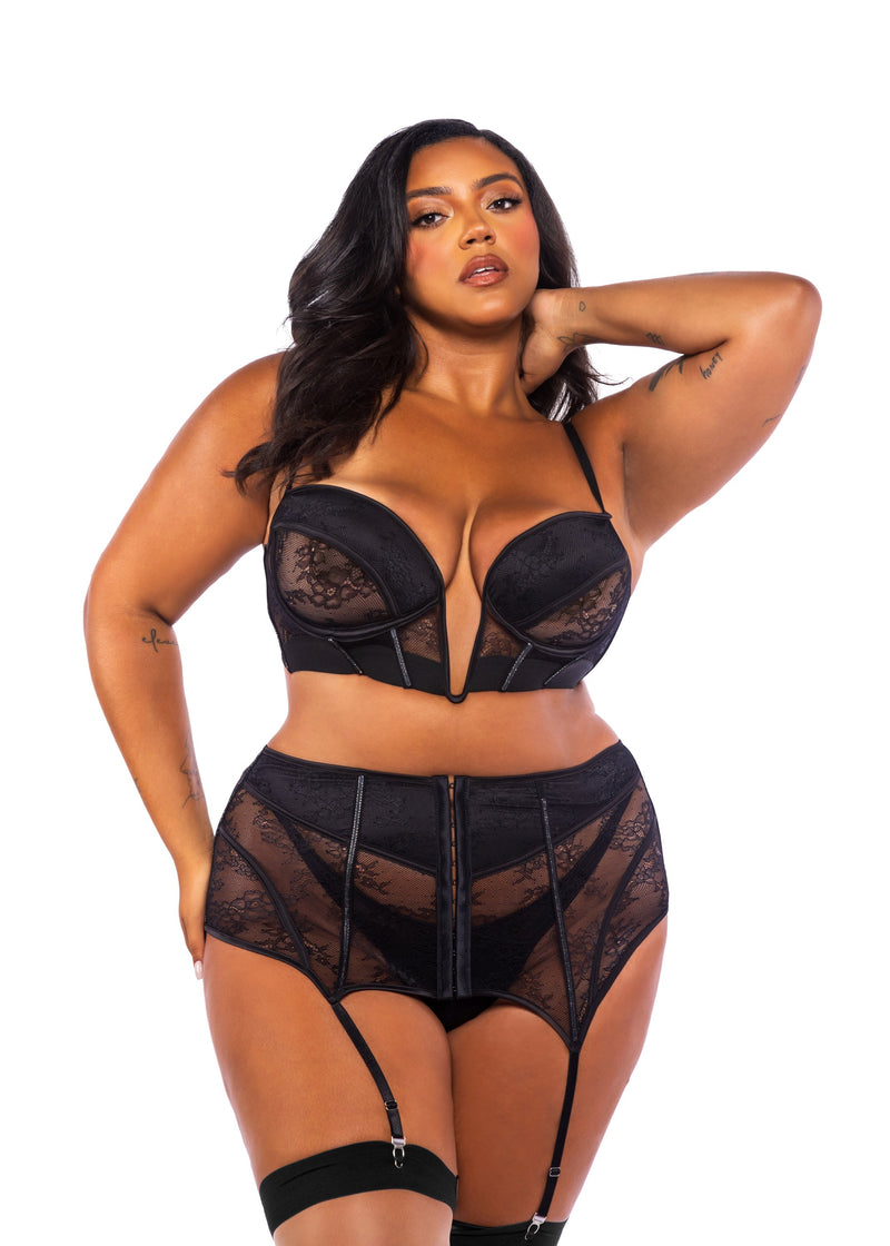 Roma Confidential Queen Belle Noir Chantilly Lace Satin Garter Skirt Bustier Set Black-Rebel Romance