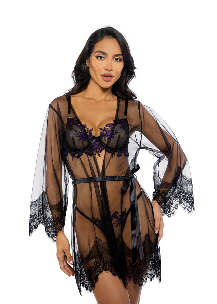 Roma Confidential Daydream Mini Robe Eyelash Lace Sheer Mesh Black-Rebel Romance