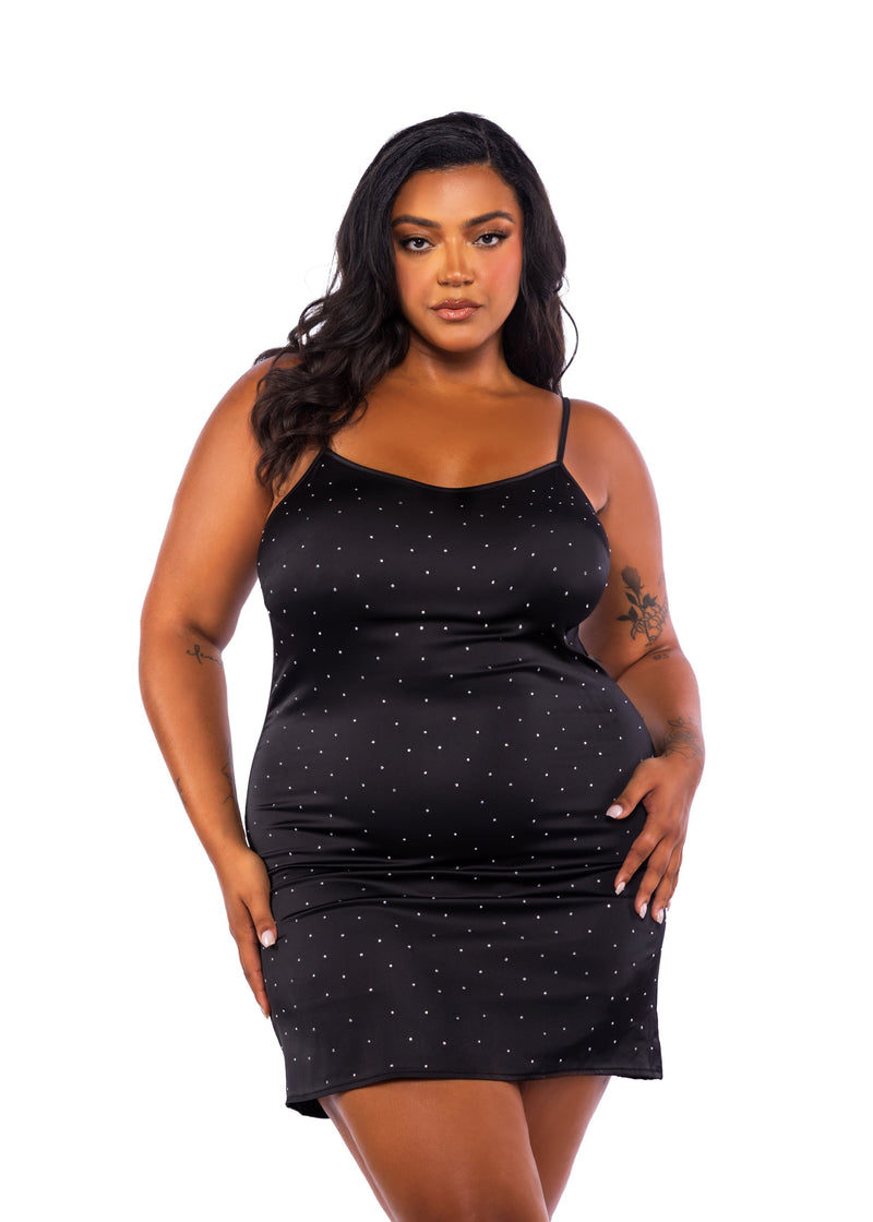 Roma Confidential Queen Twinkle Diamante Satin Rhinestone Chemise Black-Rebel Romance