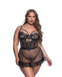Eden Babydoll Set Eyelash Lace Sheer Black Mesh
