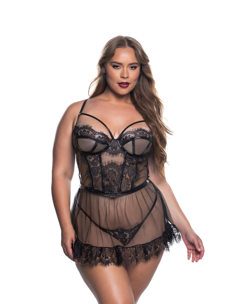 Eden Eyelash Lace Sheer Mesh Babydoll Set