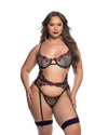 Blossom Beauty Garter Bra Set Red Roses Sheer Black