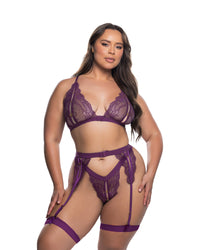 Lace Unhook Me Garter Bra Set Purple