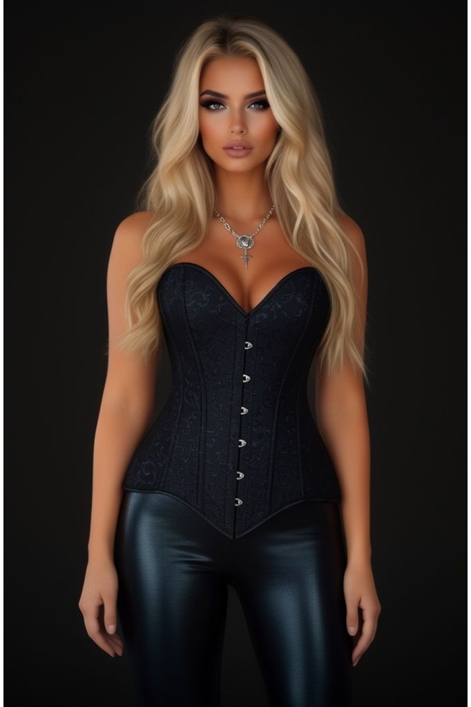 Lavish Black Brocade Overbust Corset W/Busk Closure