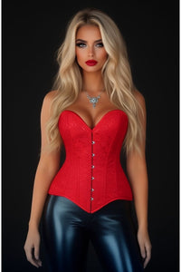 Lavish Red Brocade Overbust Corset W/Busk Closure