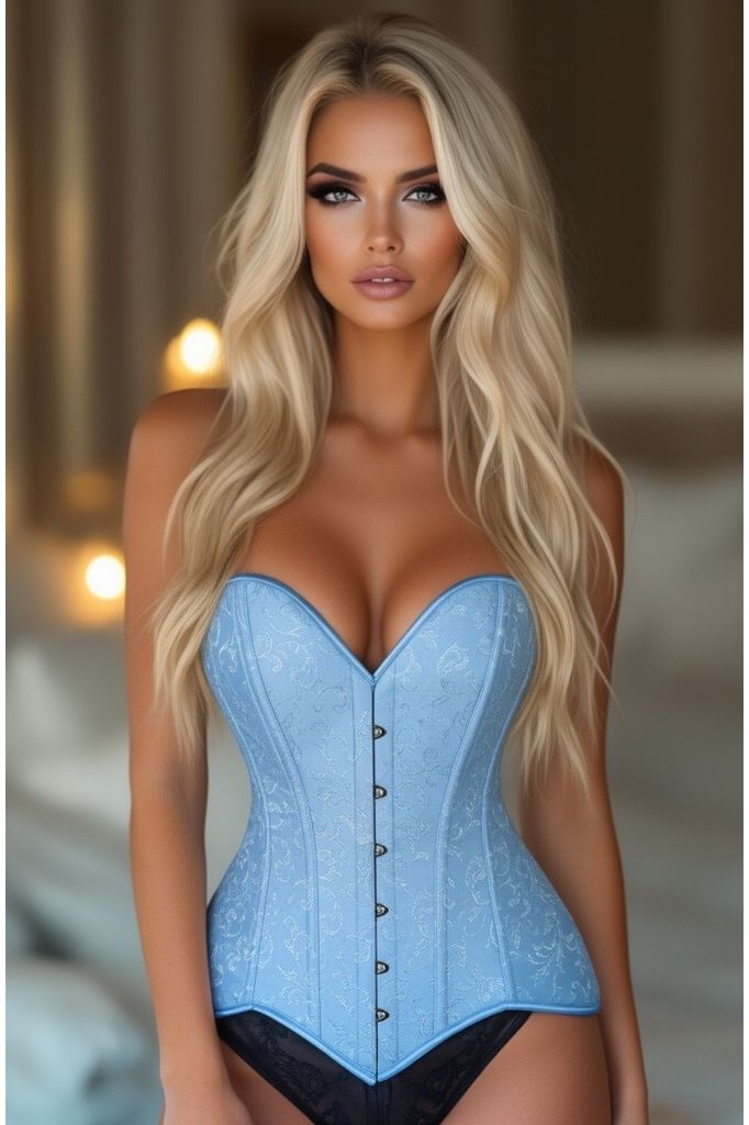 Lavish Lt Blue Brocade Overbust Corset W/Busk Closure