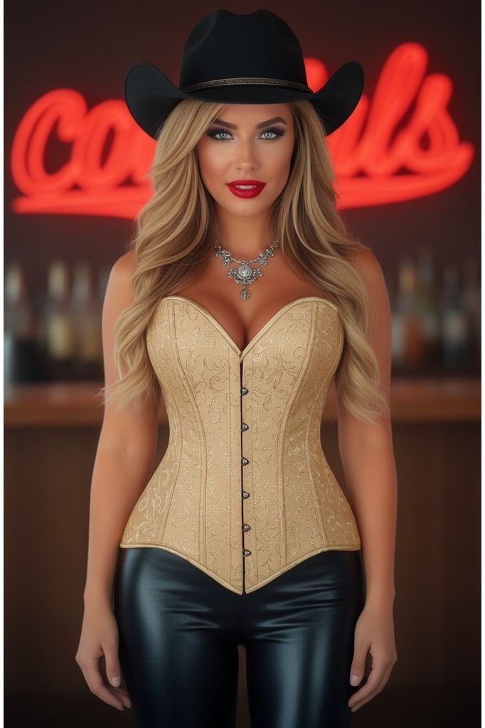 Lavish Gold Brocade Overbust Corset W/Busk Closure