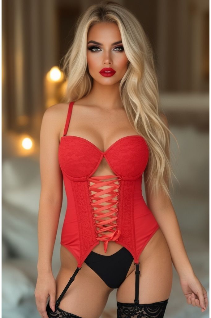 Lavish Red Lycra & Lace Hook & Eye Lace-Up Bustier Corset w/Garters