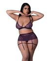 Magic Silk Queen Leather & Lace Bralette with Garter and Thong Bra Set Plum