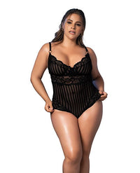 Mapale Lingerie Plus Sheer Shadow Stripe & Lace Teddy Black