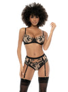 Mapale Kyra Satin Sheer Floral Embroidered Lace Gartered Bra Set Black/Nude