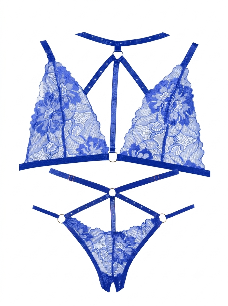 Margot Bralette & Crotchless Panty Set Blue