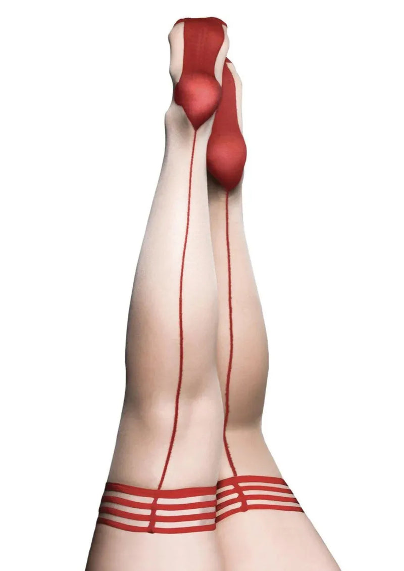 Kixies Stockings Hosiery Whitney Red Back Seam Thigh High Beige-Rebel Romance