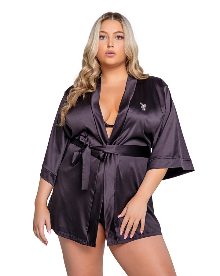 Roma Confidential Playboy Sparkling Bunny Robe Rhinestone Black Satin Queen