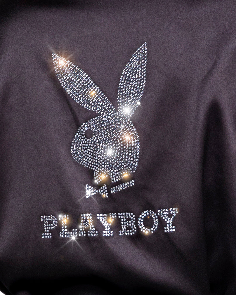 Roma Confidential Playboy Sparkling Bunny Robe Rhinestone Black Satin Queen