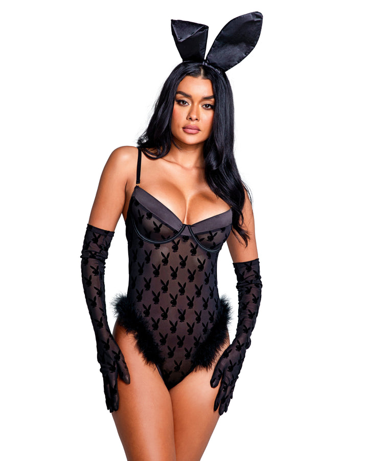 Roma Confidential Playboy Bunny Noir Sheer Teddy Black w/ Marabou Trim