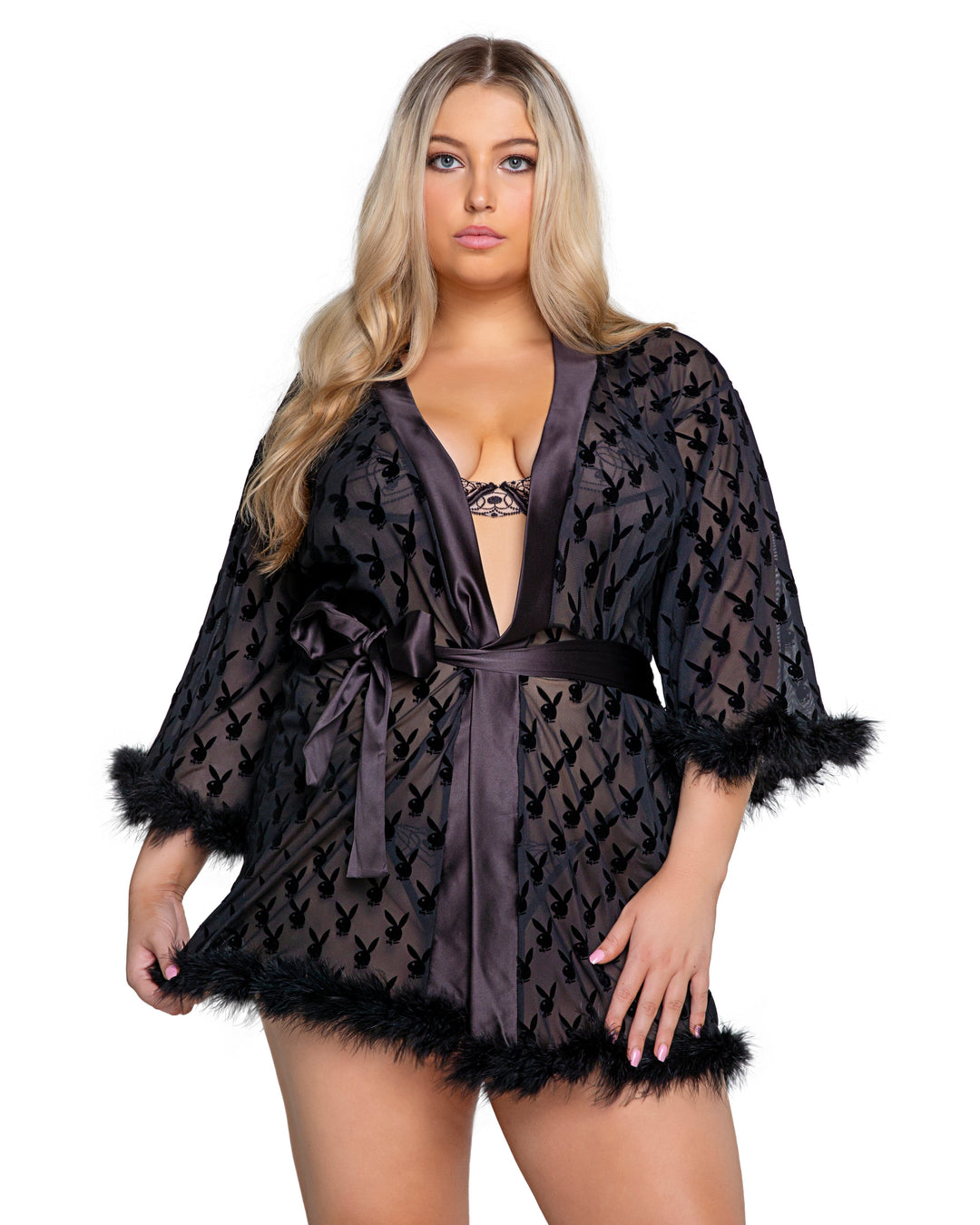 Roma Confidential Playboy Bunny Noir Robe w/ Marabou Trim Queen Plus Size