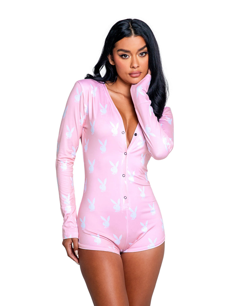 Roma Confidential Playboy Slumber Bunny Romper Pink/White-Rebel Romance