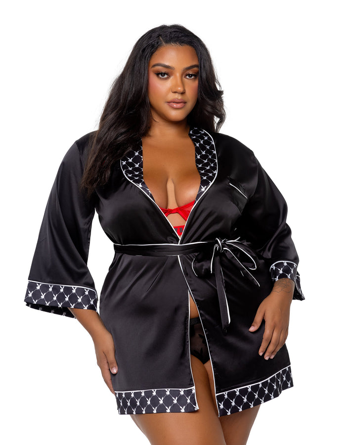 Playboy Queen Bunny Smoke Lounge Robe Black Satin Plus Size