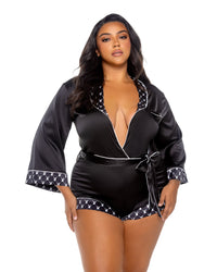 Playboy Bunny Queen Smoke Lounge Romper Black Satin Plus Size-Rebel Romance