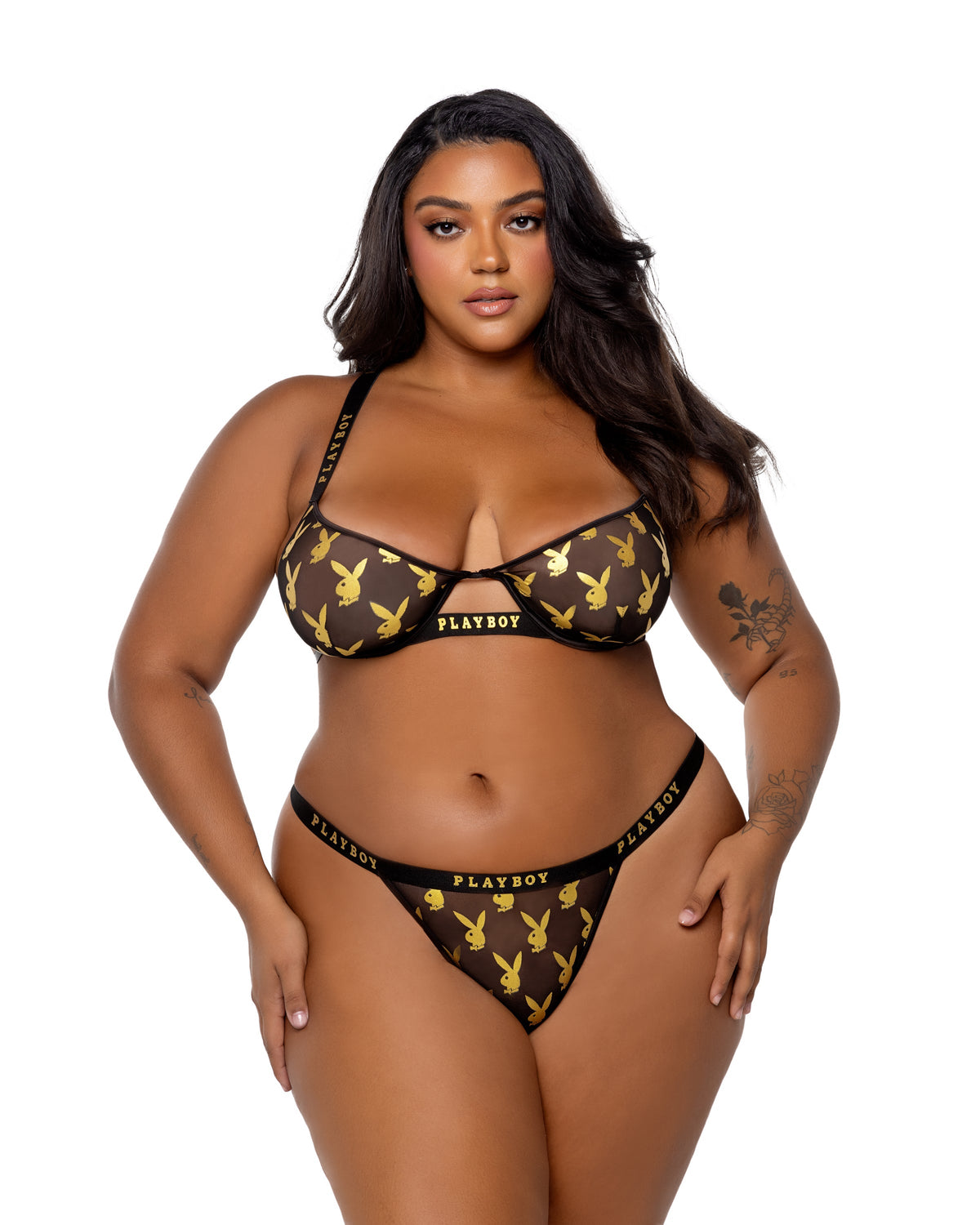 Playboy Foiled Bunny Bra Set Foil Logo Black Gold Plus Size-Rebel Romance