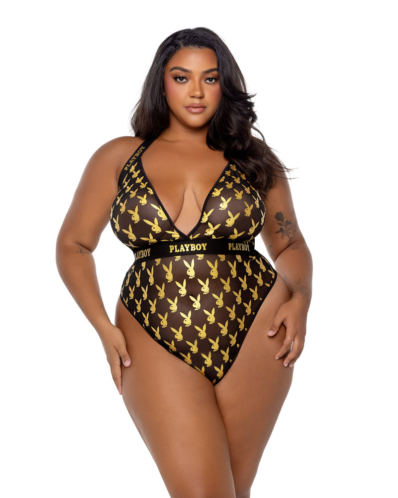 Playboy Foiled Bunny Teddy Foil Logo Plunge Black Gold Plus Size-Rebel Romance