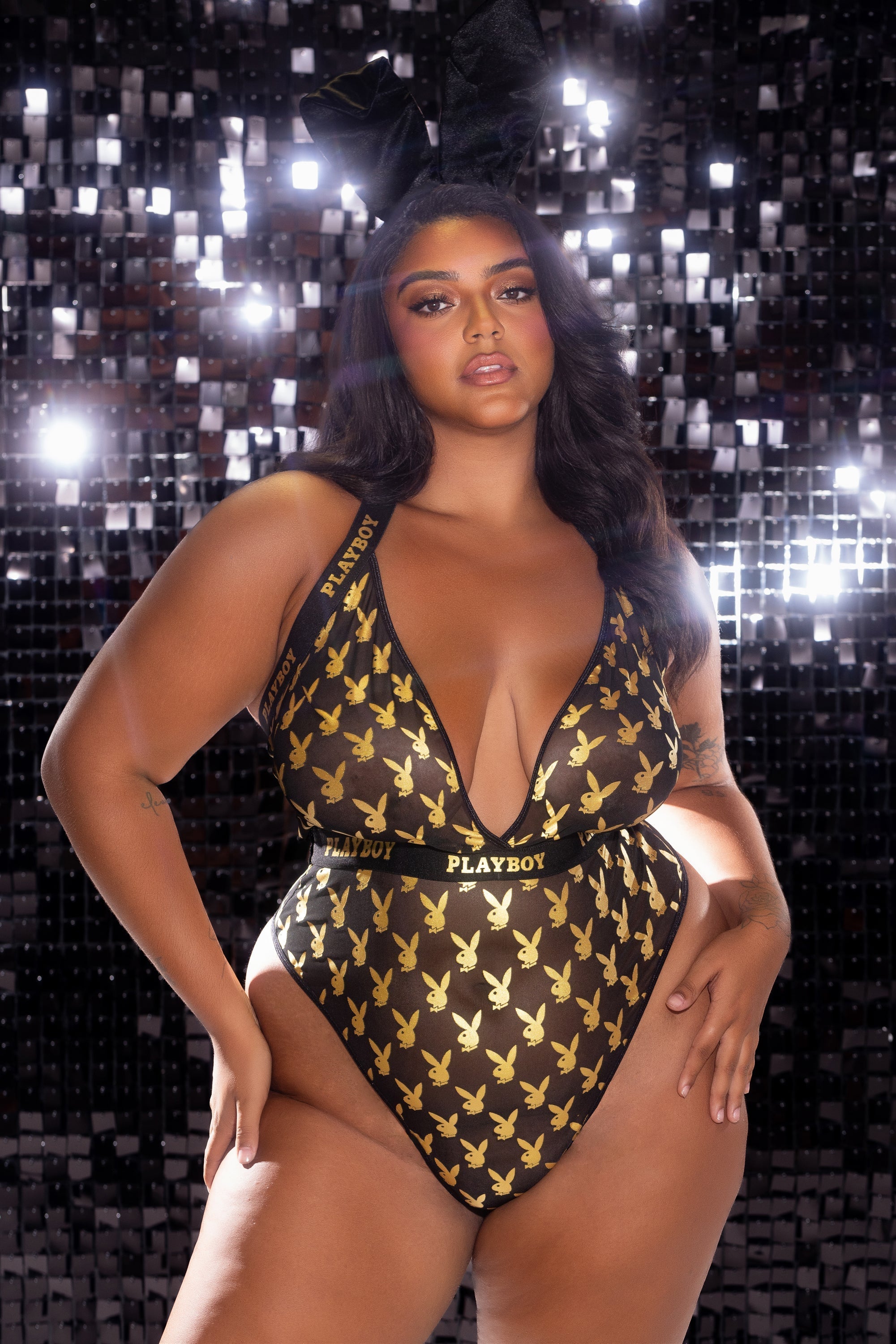 Playboy Foiled Bunny Teddy Foil Logo Plunge Black Gold Plus Size-Rebel Romance