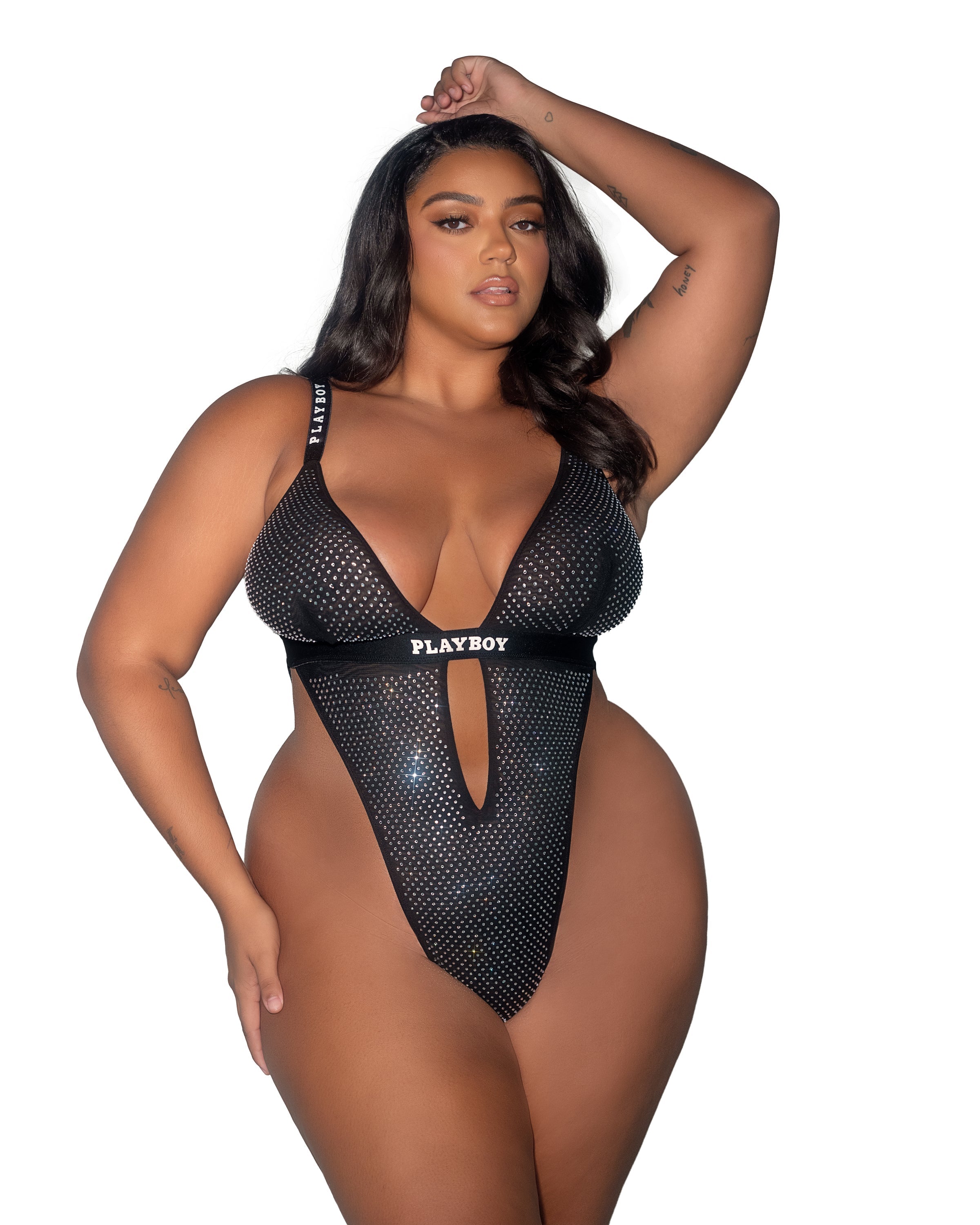 Playboy Disco Fever Teddy All Over Rhinestone Black Bodysuit Plus Size-Rebel Romance