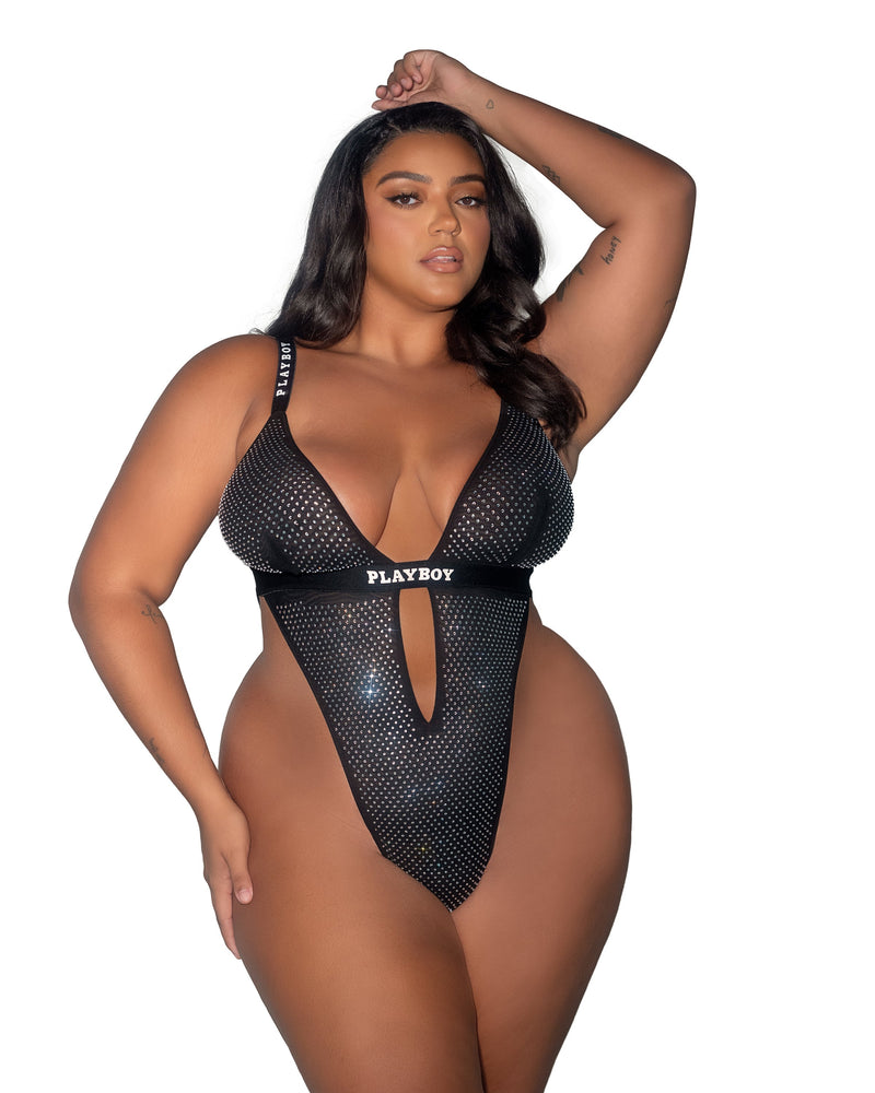 Playboy Disco Fever Teddy All Over Rhinestone Black Bodysuit Plus Size-Rebel Romance