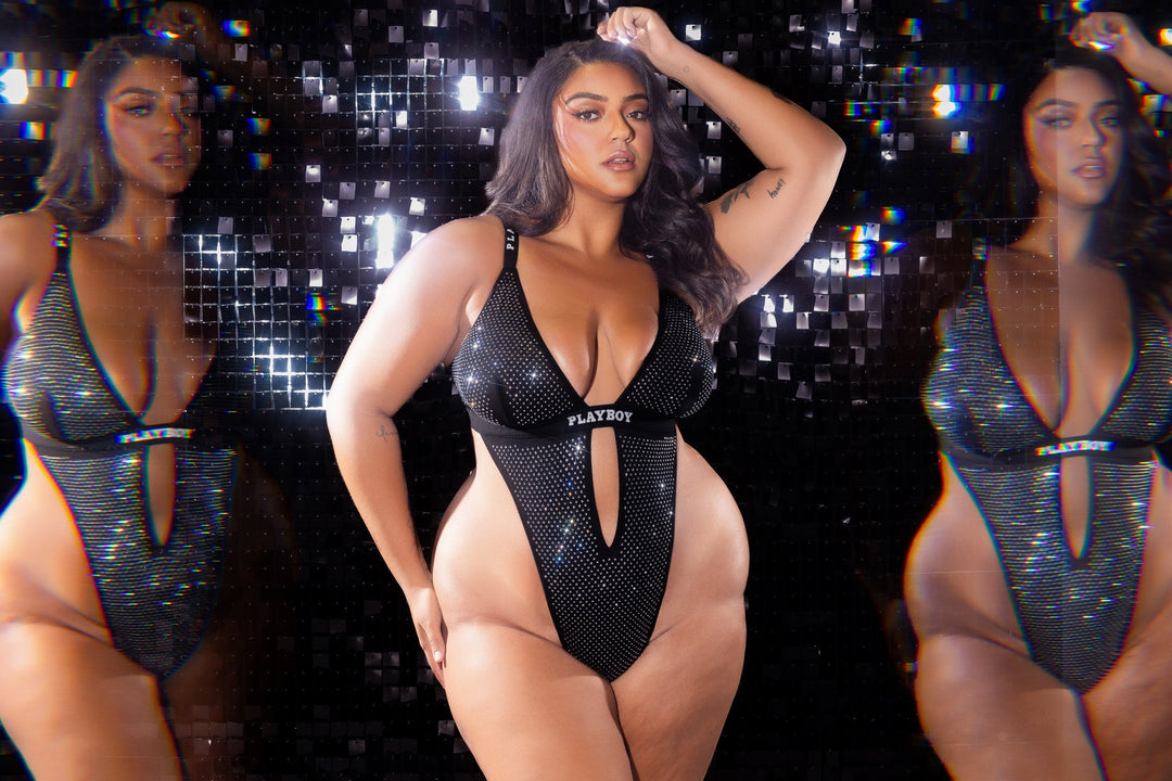 Playboy Disco Fever Teddy All Over Rhinestone Black Bodysuit