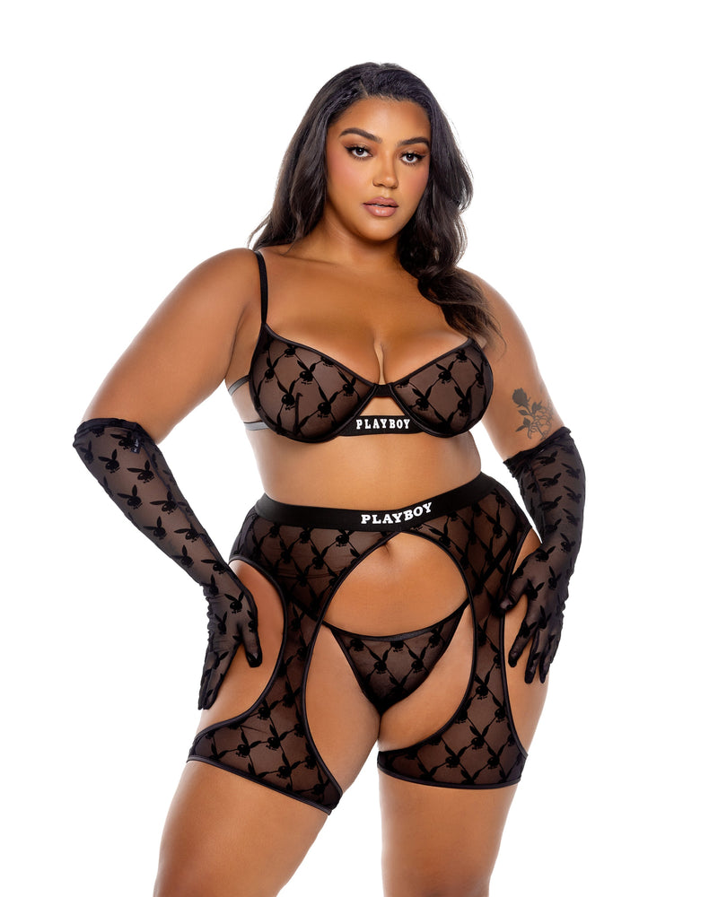 Playboy Flocked Bunny Chaps Black Logo Flock Print Mesh Plus Size-Rebel Romance