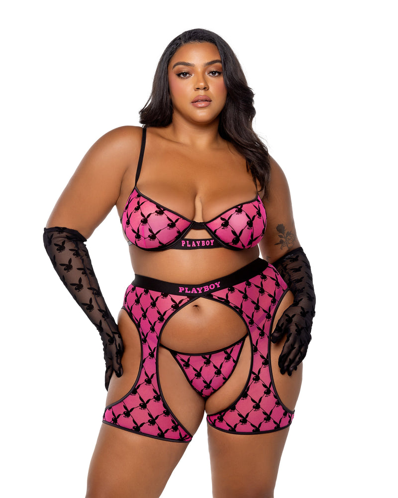 Playboy Flocked Bunny Chaps Pink Logo Flock Print Mesh Plus Size-Rebel Romance