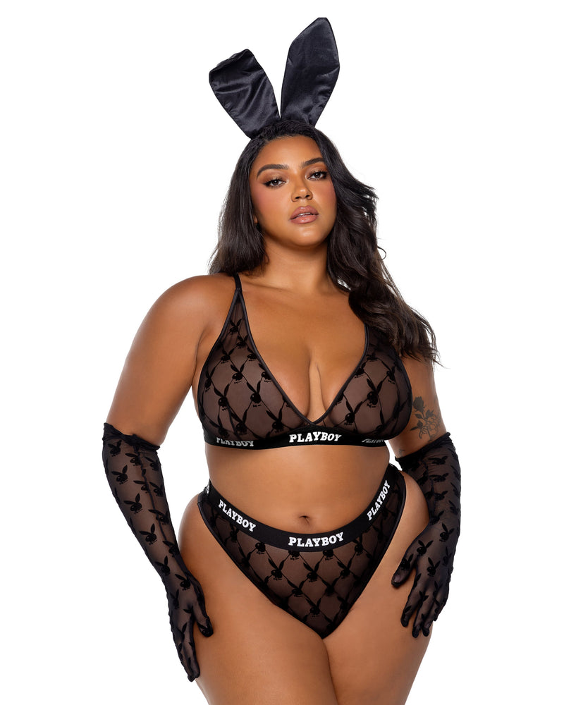 Playboy Flocked Bunny Bralette Bralette Bra Set Black Mesh Logo Plus Size-Rebel Romance