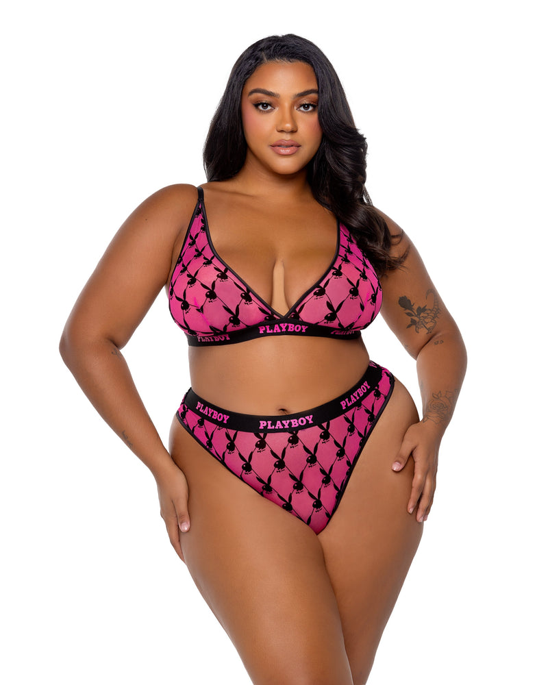 Playboy Flocked Bunny Bralette Bralette Bra Set Pink Mesh Logo Flock Plus Size-Rebel Romance