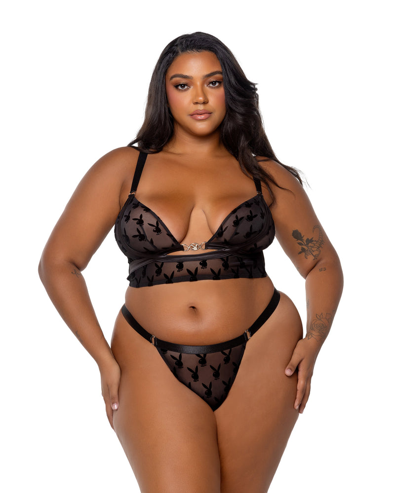 Playboy Bunny Charm Bralette Bra Set Logo Flock Print Mesh Black Plus Size-Rebel Romance