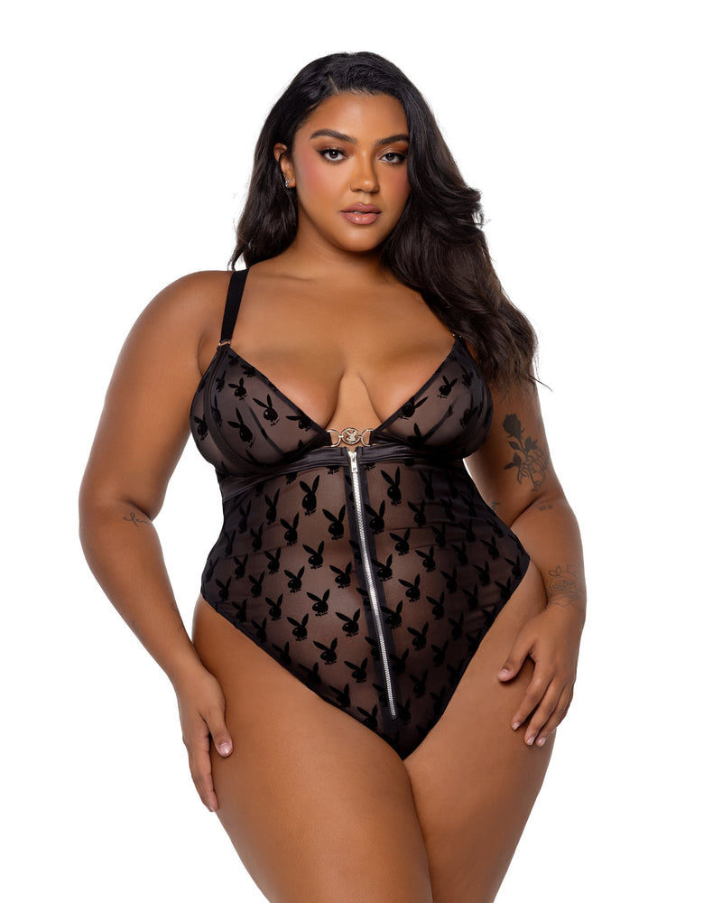 Playboy Bunny Charm Teddy Logo Flock Print Mesh Black Plus Size-Rebel Romance