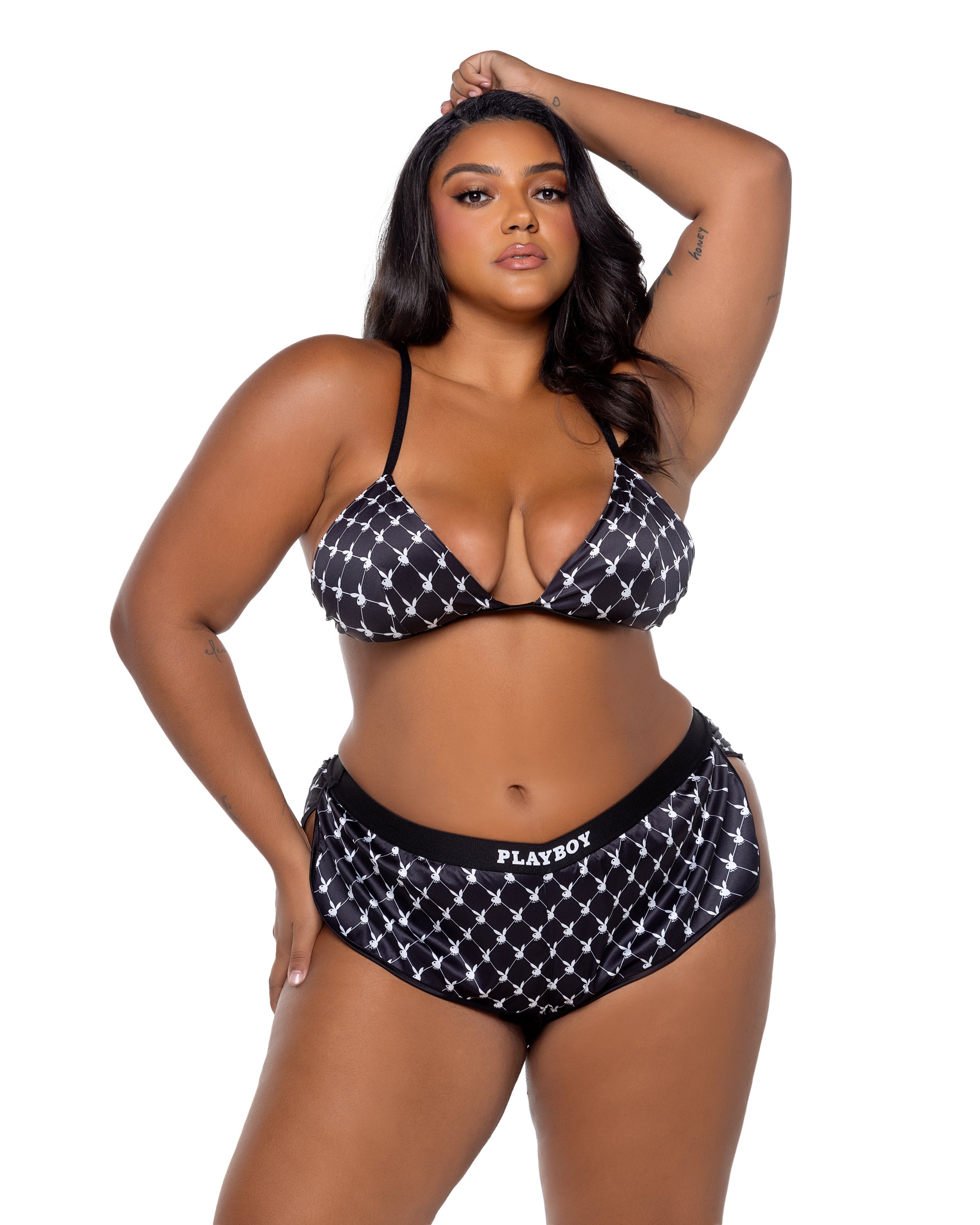 Playboy Bunny Smoke Lounge Triangle Bra Set Logo Satin Black Plus Size-Rebel Romance