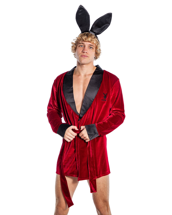 Playboy Mens Smoke Lounge Robe Velvet Red