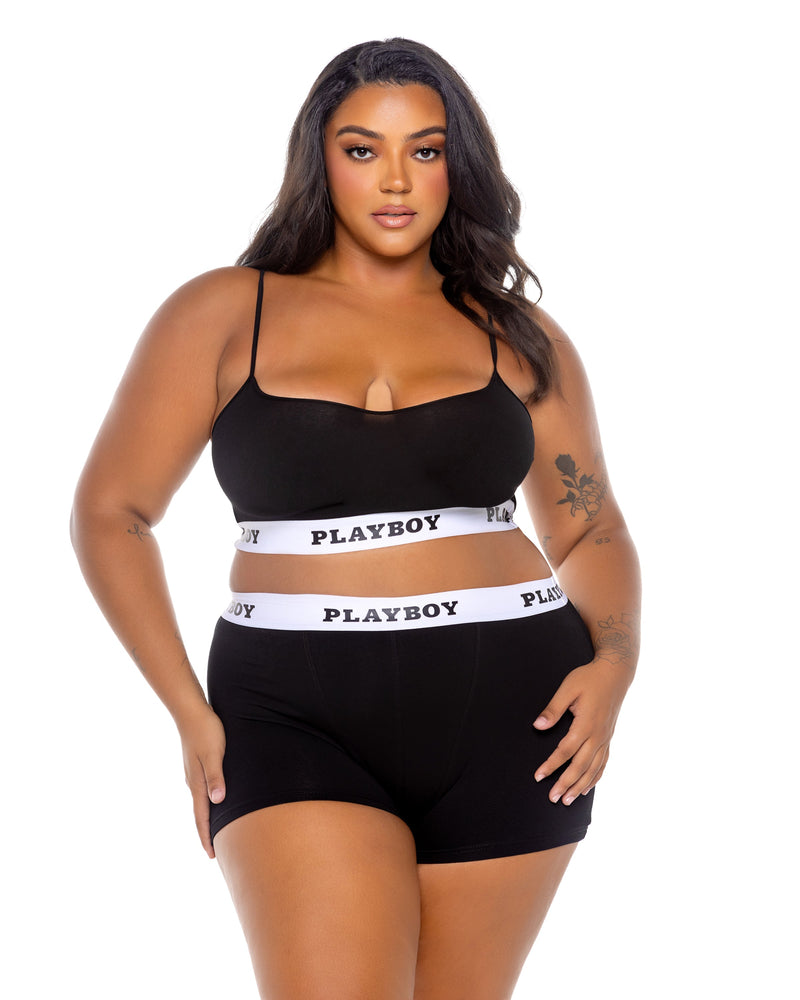 Playboy Bunny Sport Lounge Bralette Bra Set Jersey Knit Black Plus Size-Rebel Romance